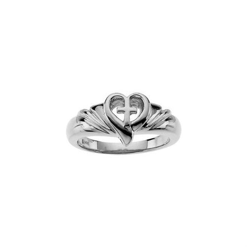 Sterling Silver Heart and Cross Ring, Size 6 to 7