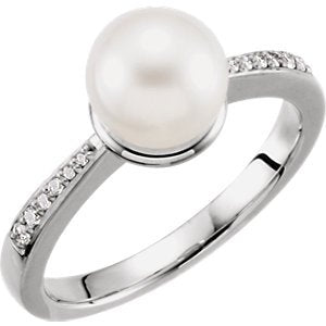 White Freshwater Cultured Pearl Diamond Ring, Rhodium-Plated 14k White Gold (7.5-8mm) (.07Ctw, G-H Color, I1 Clarity) Size 7