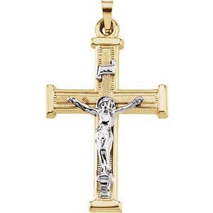 Two-Tone Hollow Tubular Crucifix 14k Yellow and White Gold Pendant (32X23MM)