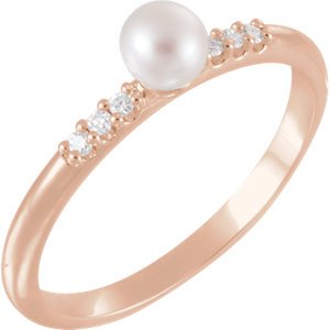 White Cultured Pearl, Diamond Stackable Ring, 14k Rose Gold (4-4.5mm)(.05Ctw, Color G-H, Clarity I1)