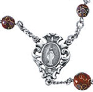 Red Cloisonne Rosary Beads, Sterling Silver