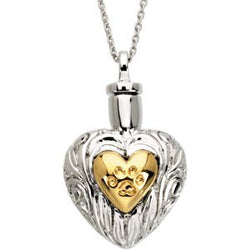 Sterling Silver and 14k Yellow Gold Plate Pet Ash Holder Heart Necklace with Paw Print, 18"