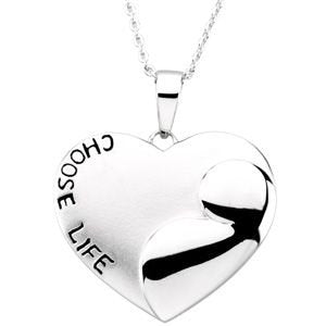 Puffed Heart 'Choose Life' Rhodium Plate Sterling Silver Necklace, 18"