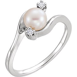 White Akoya Cultured Pearl and Diamond Bypass Ring, Rhodium-Plated 14k White Gold (5.5mm) (.04Ctw, G-H Color, I1 Clarity)