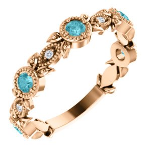Blue Zircon and Diamond Vintage-Style Ring, 14k Rose Gold, Size 7.75