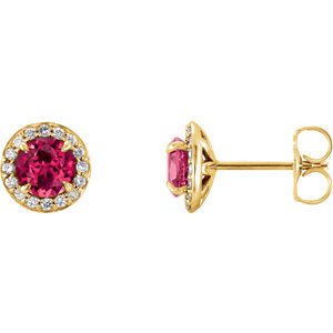 Chatham Created Ruby and Diamond Halo-Style Earrings, 14k Yellow Gold (4 MM) (.125 Ctw, G-H Color, I1 Clarity)