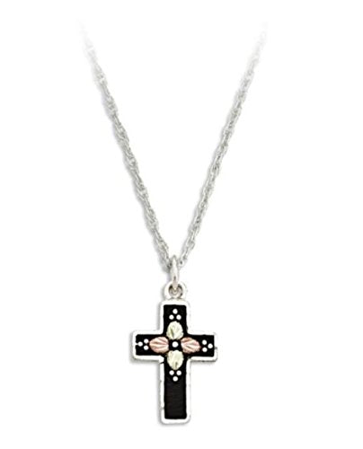 Antiqued Cross Pendant Necklace, Sterling Silver, 12k Green and Rose Gold Black Hills Gold Motif, 18''