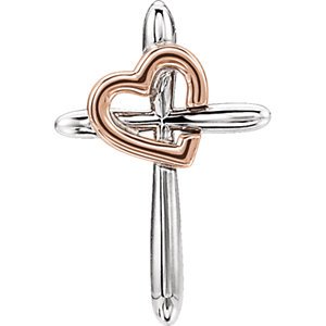Two-Tone Cross with Heart Rhodium-Plated 14k White and Rose Gold Pendant (19.80X13.30)