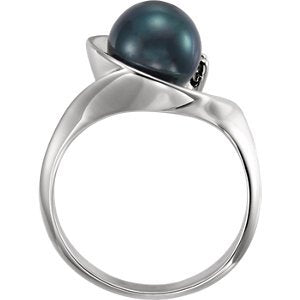 Black Akoya Cultured Pearl and Diamond Ring, Rhodium-Plated 14k White Gold (8mm) (.03Ct, G-H Color, I1 Clarity)
