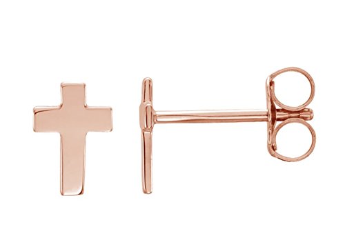 Girl's Protestant Cross Stud Earrings, 14k Rose Gold (7x5MM)