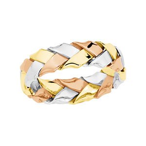 5.5mm 14k Yellow, White and Rose Gold Tri-Color Hand Woven Band, Size 7.5