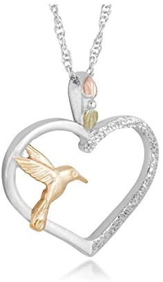 The Men's Jewelry Store (for HER) 10k Yellow Gold Hummingbird Heart Necklace, Rhodium Plate Sterling Silver on Black Hills Gold Motif, 18"