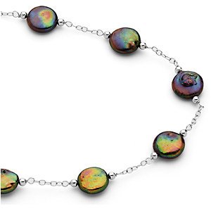 Black Freshwater Cultured Coin Pearl Station Sterling Silver Necklace, 38'' (12-13MM)