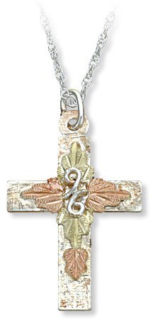Cross Pendant Necklace, Sterling Silver, 12k Green and Rose Gold Black Hills Gold Motif, 18"