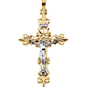 Two-Tone Fleur-de-Lis Filigree Crucifix 14k Yellow and White Gold Pendant (35X24MM)