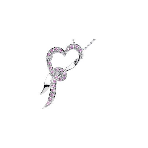 Created Pink Sapphire 'Cherish' Rhodium Plate Sterling Silver Heart Necklace, 18"