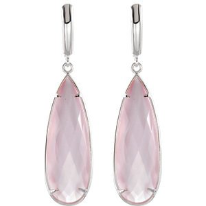 Two-Sided 27.9 Ctw Checkerboard Rose Quartz Pear Sterling Silver Earrings