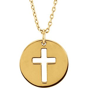 Pierced Cross Disc 14k Yellow Gold Pendant Necklace, 16-18" (12X12 MM)