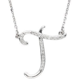 Diamond Initial Letter 'T' Rhodium-Plated 14k White Gold Pendant Necklace, 17" (GH Color, I1 Clarity, 1/8 Cttw)