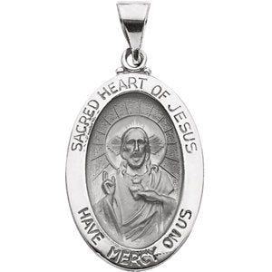 14k White Gold Hollow Oval Sacred Heart of Jesus Medal (23.25x16 MM)