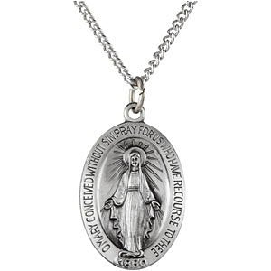Sterling Silver Oval Miraculous Medal Necklace, 18" (14.75x11 MM)