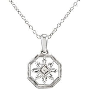 Diamond Octagon Vintage Style Filigree Flower Sterling Silver Pendant Necklace, 18" (.02 Cttw)