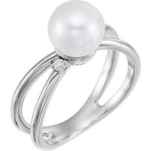 White Freshwater Cultured Pearl, Diamond Ring, Rhodium-Plated 14k White Gold (8-8.5 mm)(.04 Ctw, Color G-H, Clarity I1)