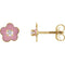 Girl's Pink Enamel Flower CZ Earrings, 14k Yellow Gold