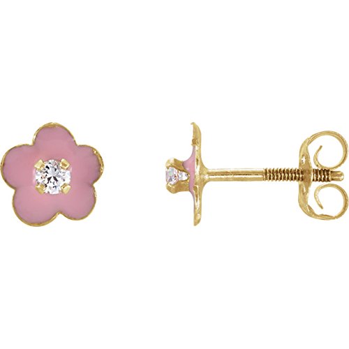 Girl's Pink Enamel Flower CZ Earrings, 14k Yellow Gold