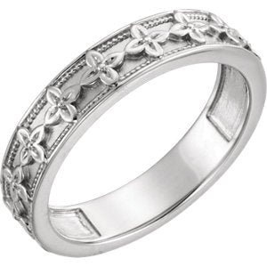 Vintage-Style Floral Brocade 4.5mm Stackable Ring, Rhodium-Plated 14k White Gold