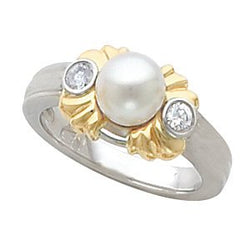 Platinum and 18k Yellow Gold Pearl and Diamond Ring, Sizes 3 to 10