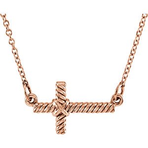Rope-Trim Sideways Cross Necklace, 14k Rose Gold, 16.5" (8.65x16MM)