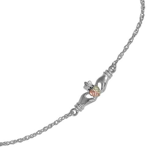 Sterling Silver Claddagh Ankle Bracelet, 12k Green Gold, 12k Rose Gold Black Hills Gold, 10.5"