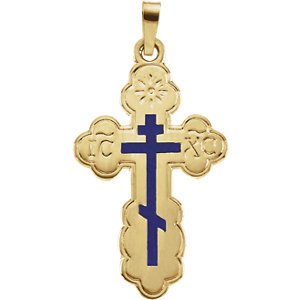 Orthodox Cross with Blue Enamel 14k Yellow Gold Pendant