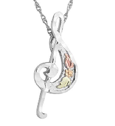 Treble Clef Musical Note Pendant Necklace, Sterling Silver, 12k Green and Rose Gold Black Hills Gold Motif, 18''