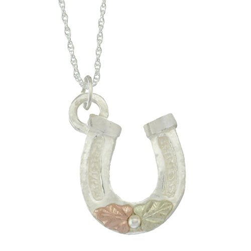 Horseshoe Pendant Necklace, Sterling Silver, 12k Green and Rose Gold Black Hills Gold Motif, 18''