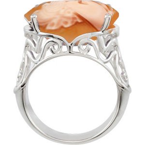 Orange Shell Cameo Ring of Victorian Lady, Sterling Silver Filigree, Size 10