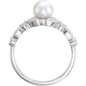 White Freshwater Cultured Pearl, Diamond Vintage-Style Leaf Ring, Sterling Silver (6-6.5MM) (.125Ctw, GH Color, I1 Clarity)