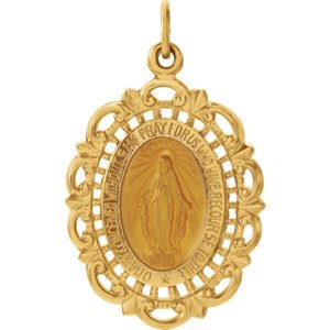 14k Yellow Gold Oval Filigree Miraculous Medal (25x18 MM)