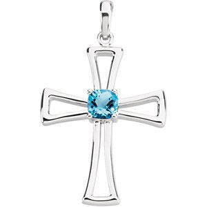 Genuine Swiss Blue Topaz Cut out Cross 14k White Gold Pendant