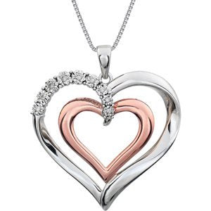 Sterling Silver and Rose Gold Plate Diamond Heart Necklace, 18"