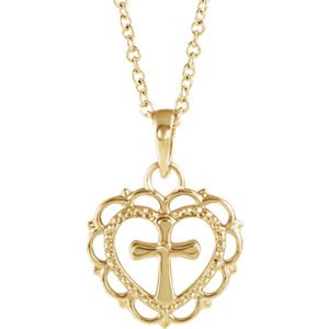 Scalloped Heart with Cross 14k Yellow Gold Youth Pendant Necklace, 16" and 18" (15.50X11.70 MM)