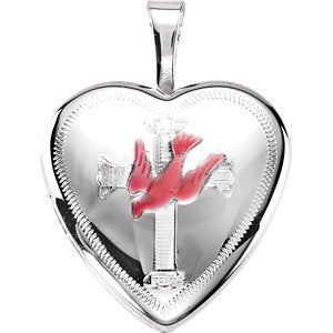 Petite Enameled Dove and Cross Heart Sterling Silver Locket (15.80X16.00 MM)