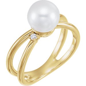 White Freshwater Cultured Pearl, Diamond Ring, 14k Yellow Gold (8-8.5 mm)(.04 Ctw, Color G-H, Clarity I1)