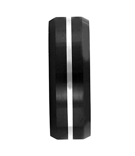 Men's Black Ceramic, Sterling Silver Inlay Stripe 8mm Comfort-Fit Band