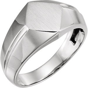 Men's Satin-Brushed Diamond-Shaped Signet Ring, Rhodium-Plated 14k White Gold, Size 10