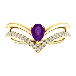 Amethyst Pear and Diamond Chevron 14k Yellow Gold Ring (.145 Ctw, G-H Color, I1 Clarity)