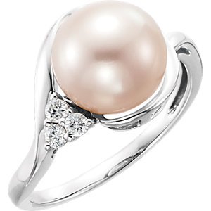 White Freshwater Cultured Pearl and Diamond Ring, Rhodium-Plated 14k White Gold, Size 7 (9.5-10.0mm) (.08 Ctw, H-J Color, I3 Clarity)