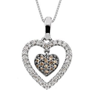 14k White Gold Brown and White Diamond Double Heart Necklace (GH Color, I1 Clarity, 1/4 Cttw)