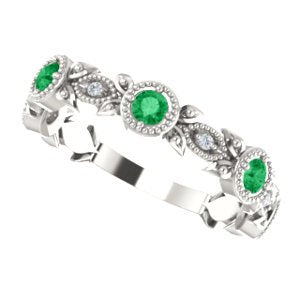 Emerald and Diamond and Vintage-Style Ring, Rhodium-Plated Sterling Silver, Size 7.25